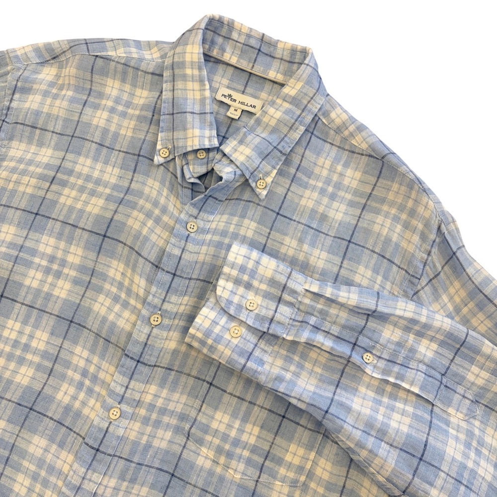 Peter Millar 100% Linen Button Up Shirt Mens M Blue Plaid Preppy Beach Relaxed